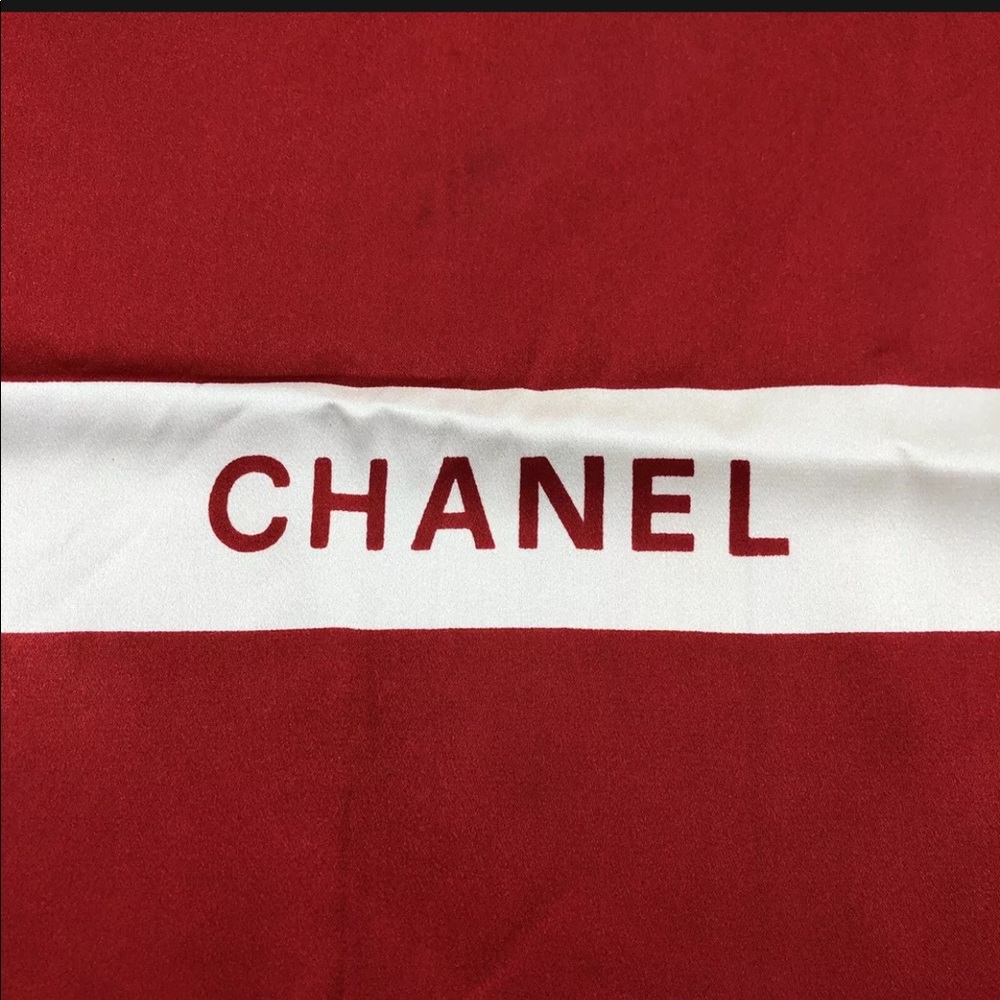 Auth Chanel Vintage Logo Silk Square Scarf Gift Red Ribbon 35 inch Authentic - Picture 14 of 15